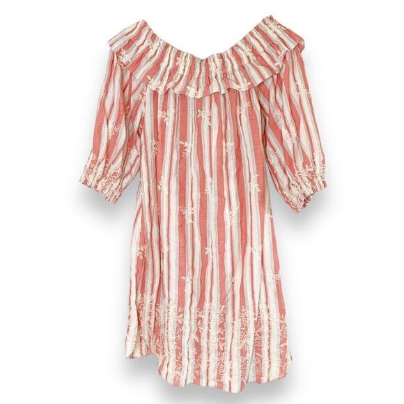 Misa Los Angeles Embroidered Mini Off Shoulder Dress Coral Red White Striped S - Picture 5 of 9